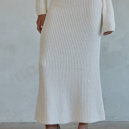 Knit Ribbed Sweater Midi Skirt-Cream