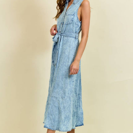 Denim Look Midi Dress with Tie Belt