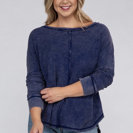 Plus Washed Baby Waffle Oversized Long Sleeve Top