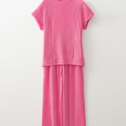 Luxury Solid Corded Short Sleeve T Shirt And Wide Leg Pants Set