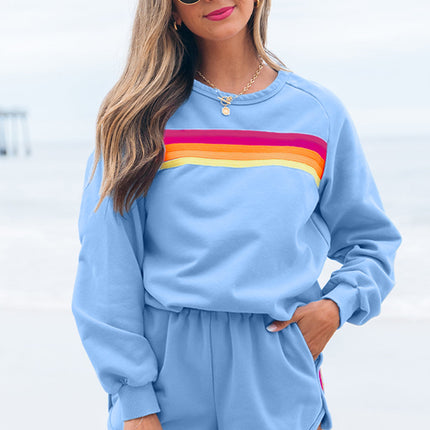 Luxury Striped Accent Pullover and Shorts Two Piece Casual Set