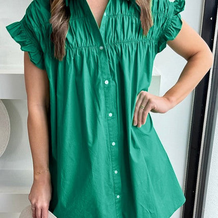 Green Shirred Ruffle Sleeve Button Up Short Dress