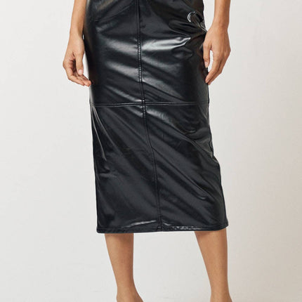 Black High Waist Leather Midi Skirt