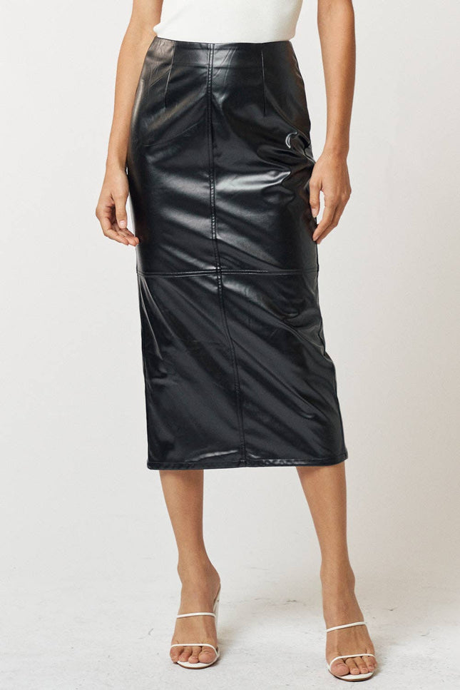 Black High Waist Leather Midi Skirt