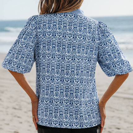 Blue & White Puff Sleeve Striped Floral Blouse