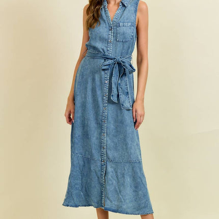 Denim Look Midi Dress with Tie Belt