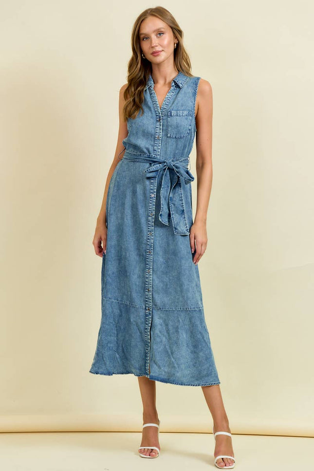 Denim Look Midi Dress with Tie Belt