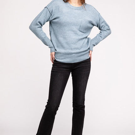 Melange Hi-Low Hem Round Neck Sweater