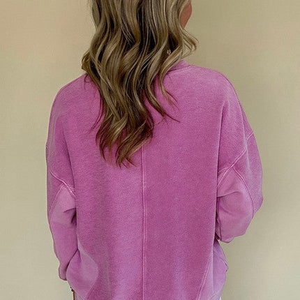 Solid Color Notched Neck Drop Shoulder Sweatshirt