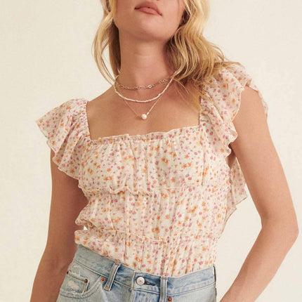 Floral Square Neck Gather Bodice Low Back Bodysuit