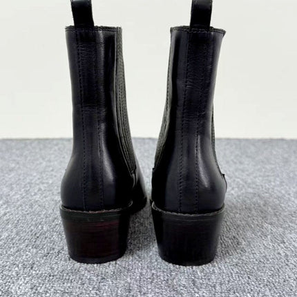 Women’s Retro Square-Toe Mid-Heel Chunky Leather Boots