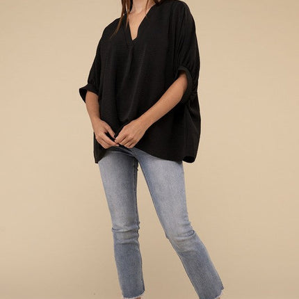 Woven Airflow V-Neck Puff Half Sleeve Top