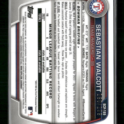 Sebastian Walcott 2023 Bowman Chrome Prospects Fuchsia Shimmer Refractor #/199