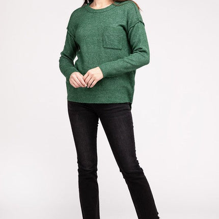 Melange Hi-Low Hem Round Neck Sweater