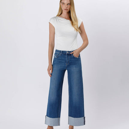 High Rise Cuffed Ankle Wide Leg Jeans