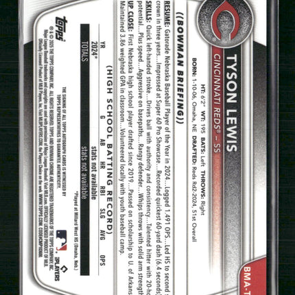Tyson Lewis 2025 Bowman #BMA-TLE Chrome Prospects Auto Blue /150