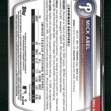 Mick Abel 2025 Bowman #BMA-MA Chrome Prospects Autographs Mojo Refractor