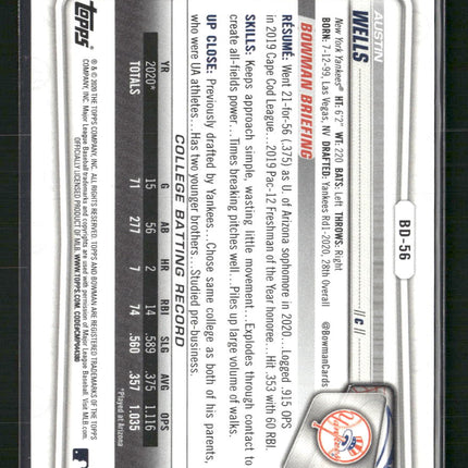 Austin Wells 2020 Bowman Draft #BD-56 Yellow #/75