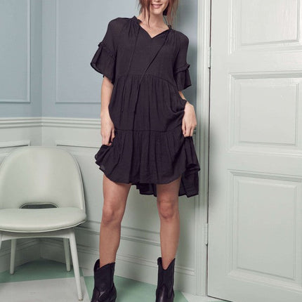 Ruffled neck tiered mini dress PLUS