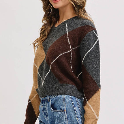 Charcoal Wine Camel  V-Neck Argyle Sweater