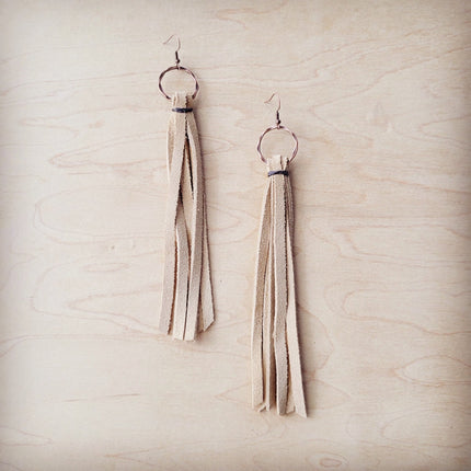 Genuine Leather Tassel Earring-Cream 205b