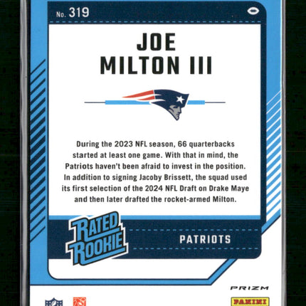 Joe Milton III New England Patriots #319 2024 Donruss Optic Rated Rookie