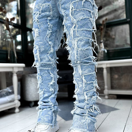Patched Pants Long Tight Fit Stacked Jeans