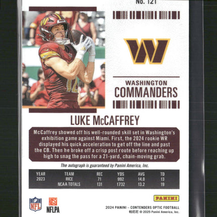 2024 Contenders Optic Luke McCaffrey Rookie Ticket Auto RC Silver Prizm #121