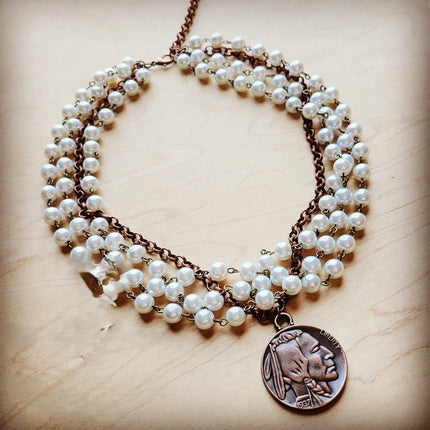 Pearl and Copper Collar-Length Necklace with Indian Coin 255w