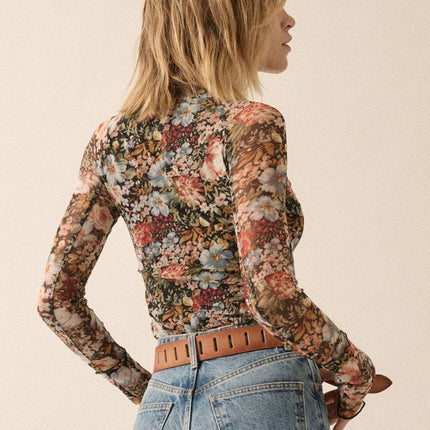 Floral Mesh Long-Sleeve Mock Neck Top
