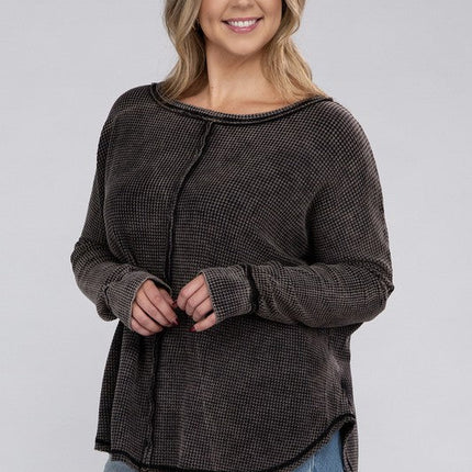 Plus Washed Baby Waffle Oversized Long Sleeve Top