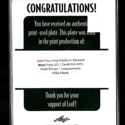 Mike Piazza 2024 Press Pass #GG-MP1 Great Gloves Printing Plates Black #/1 (AU)