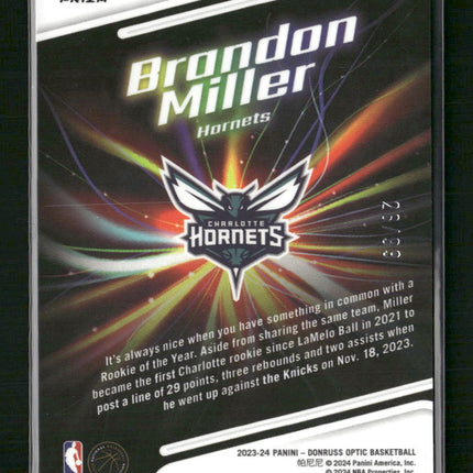 Brandon Miller 2023-24 Donruss Optic #2 Lights Out Red and Gold #/99