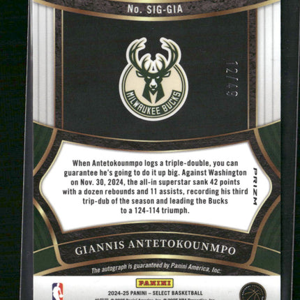 Giannis Antetokounmpo 2024-25 Panini Select #SIG-GIA Signatures Blue Prizms #/49