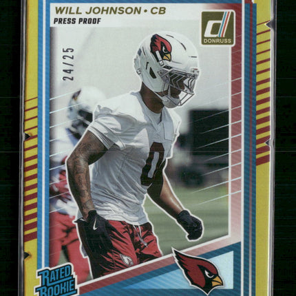 2025 Donruss Press Proof #396 Will Johnson Rated Rookie Gold Die Cut #/25