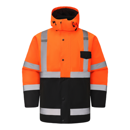 Kiwi High Visibility Hooded & Quilt Lined ANSI/ISEA 107-2020, Type R, Class 3 Two Tone Water Resistant Orange Safety Jacket [71400]