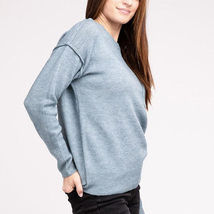 Melange Hi-Low Hem Round Neck Sweater
