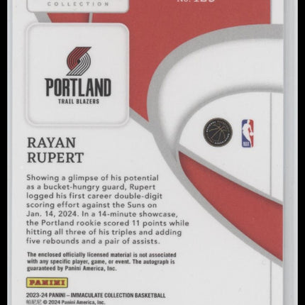 2023-24 Panini Immaculate Collection Rayan Rupert Rookie #/99 Patch & Auto #123