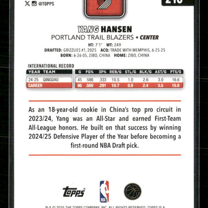 2025-26 Topps Yang Hansen Rookie #216