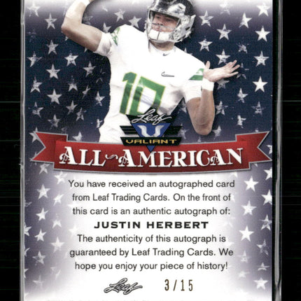 Justin Herbert 2020 #AA-JH2 Leaf Valiant All-American Autographs Pink #/15