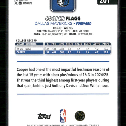 Cooper Flagg 2025-26 #201 Topps Rookie