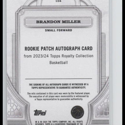 Brandon Miller 2023/24 #104 Topps Royalty Patch & Auto #/99