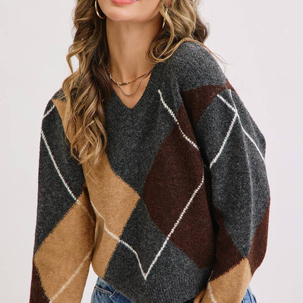 Charcoal Wine Camel  V-Neck Argyle Sweater