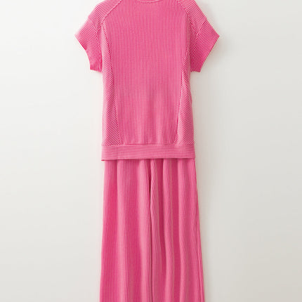 Luxury Solid Corded Short Sleeve T Shirt And Wide Leg Pants Set