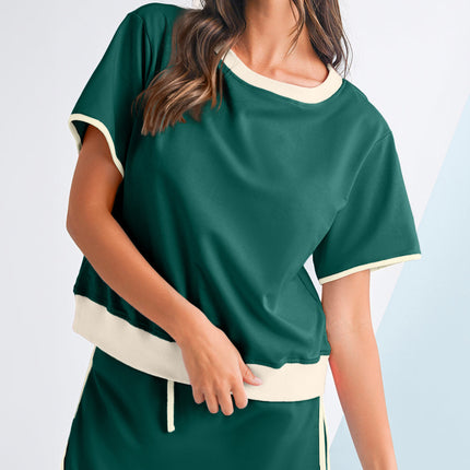 Luxury Colorblock Edge Drop Shoulder T Shirt and Skort Set