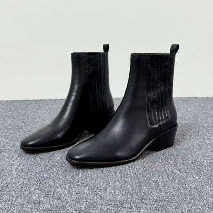 Women’s Retro Square-Toe Mid-Heel Chunky Leather Boots