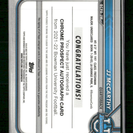 JJ McCarthy 2021-22 Bowman University Bowman Chrome Prospects Auto #BCPA-JM