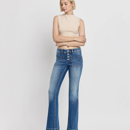 Mid Rise Patch Pocket  Flare Jean