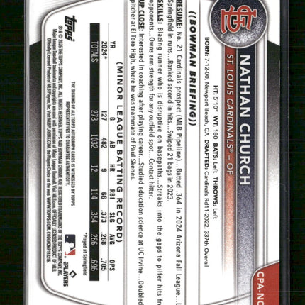 2025 Bowman Chrome Prospect Auto Reptilian Green Nathan Church #/99 #CPA-NCH