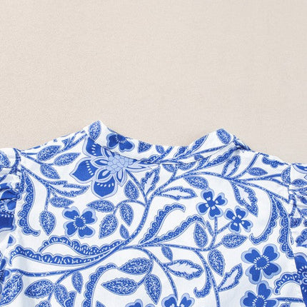 Blue Flower Print Puff Sleeve Tiered Dress